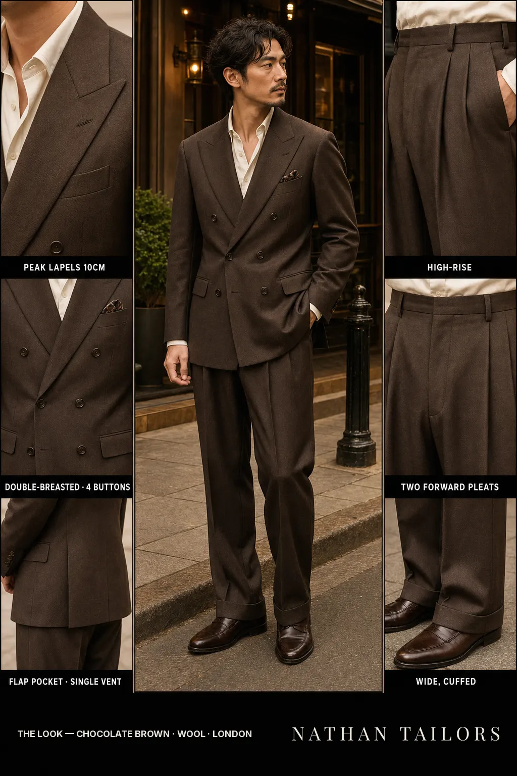 chocolate brown double-breasted peak-lapel bespoke suit โ AI-rendered by Nathan Tailors, the Hoi An custom tailor. Available as a custom tailored suit from $149.