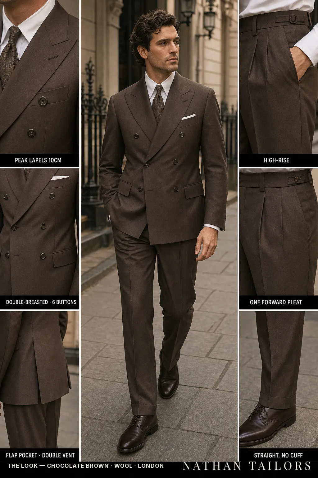 chocolate brown double-breasted peak-lapel bespoke suit โ AI-rendered by Nathan Tailors, the Hoi An custom tailor. Available as a custom tailored suit from $149.