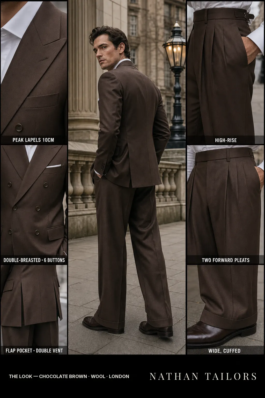 chocolate brown double-breasted peak-lapel bespoke suit — AI-rendered by Nathan Tailors, the Hoi An custom tailor. Available as a custom tailored suit from $149.