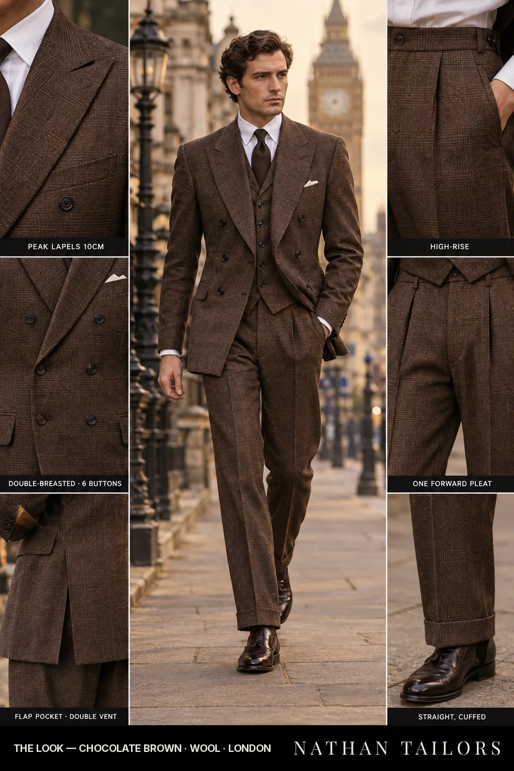 chocolate brown glen_plaid double-breasted bespoke suit — custom tailored by Nathan Tailors, the Hoi An custom tailor