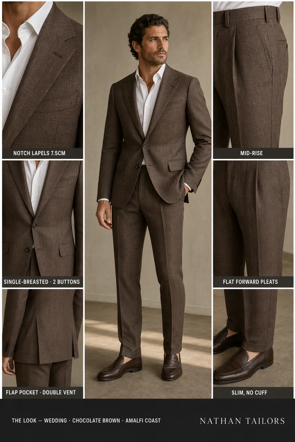 chocolate brown glen plaid single-breasted notch-lapel bespoke suit — AI-rendered by Nathan Tailors, the Hoi An custom tailor. Available as a custom tailored suit from $169.
