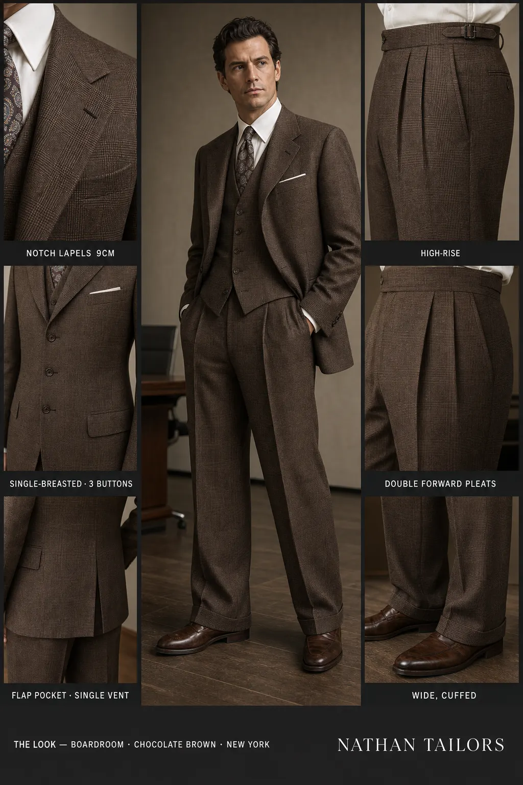 chocolate brown glen plaid single-breasted notch-lapel bespoke suit — AI-rendered by Nathan Tailors, the Hoi An custom tailor. Available as a custom tailored suit from $149.
