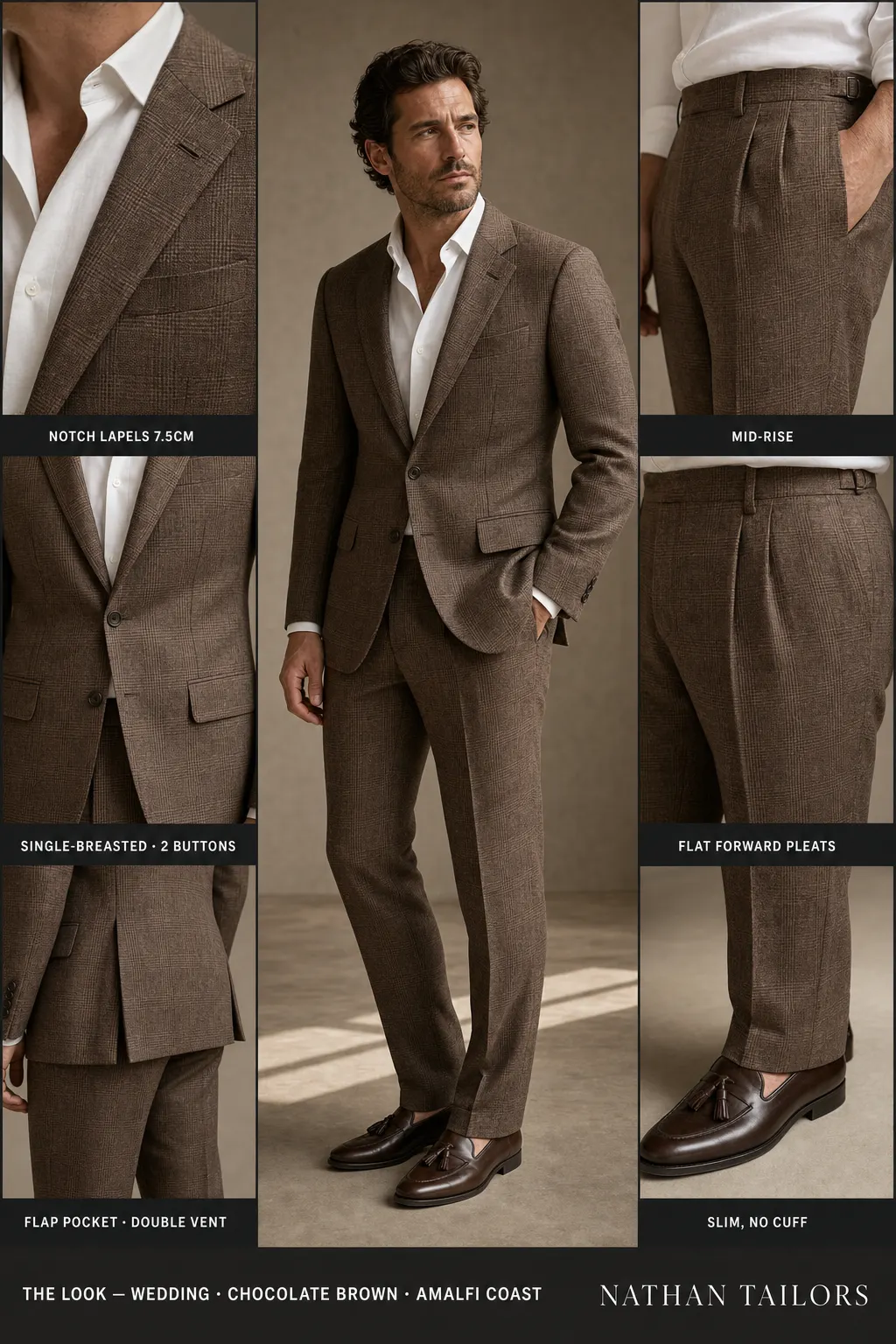 chocolate brown glen plaid single-breasted notch-lapel bespoke suit — AI-rendered by Nathan Tailors, the Hoi An custom tailor. Available as a custom tailored suit from $149.