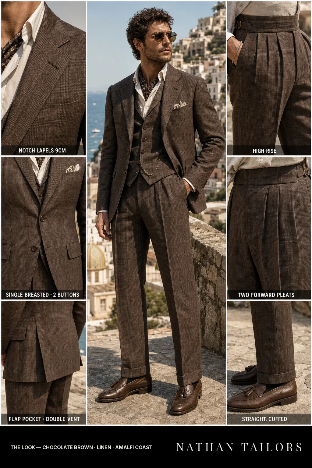 chocolate brown glen plaid single-breasted notch-lapel bespoke suit — AI-rendered by Nathan Tailors, the Hoi An custom tailor. Available as a custom tailored suit from $149.