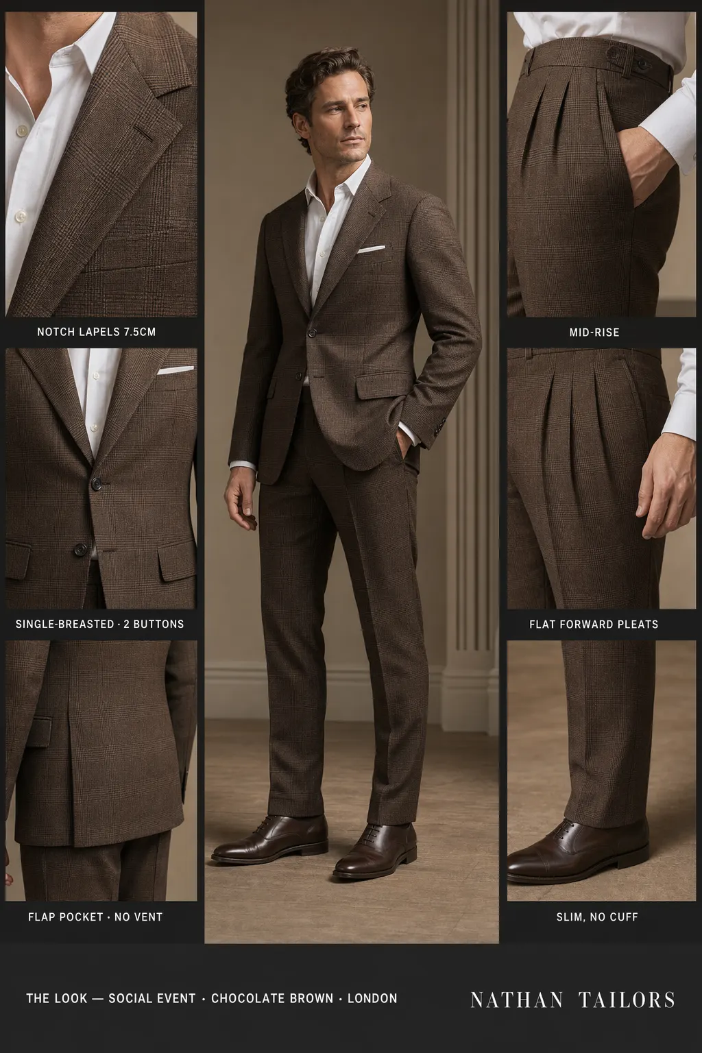 chocolate brown glen plaid single-breasted notch-lapel bespoke suit โ AI-rendered by Nathan Tailors, the Hoi An custom tailor. Available as a custom tailored suit from $169.