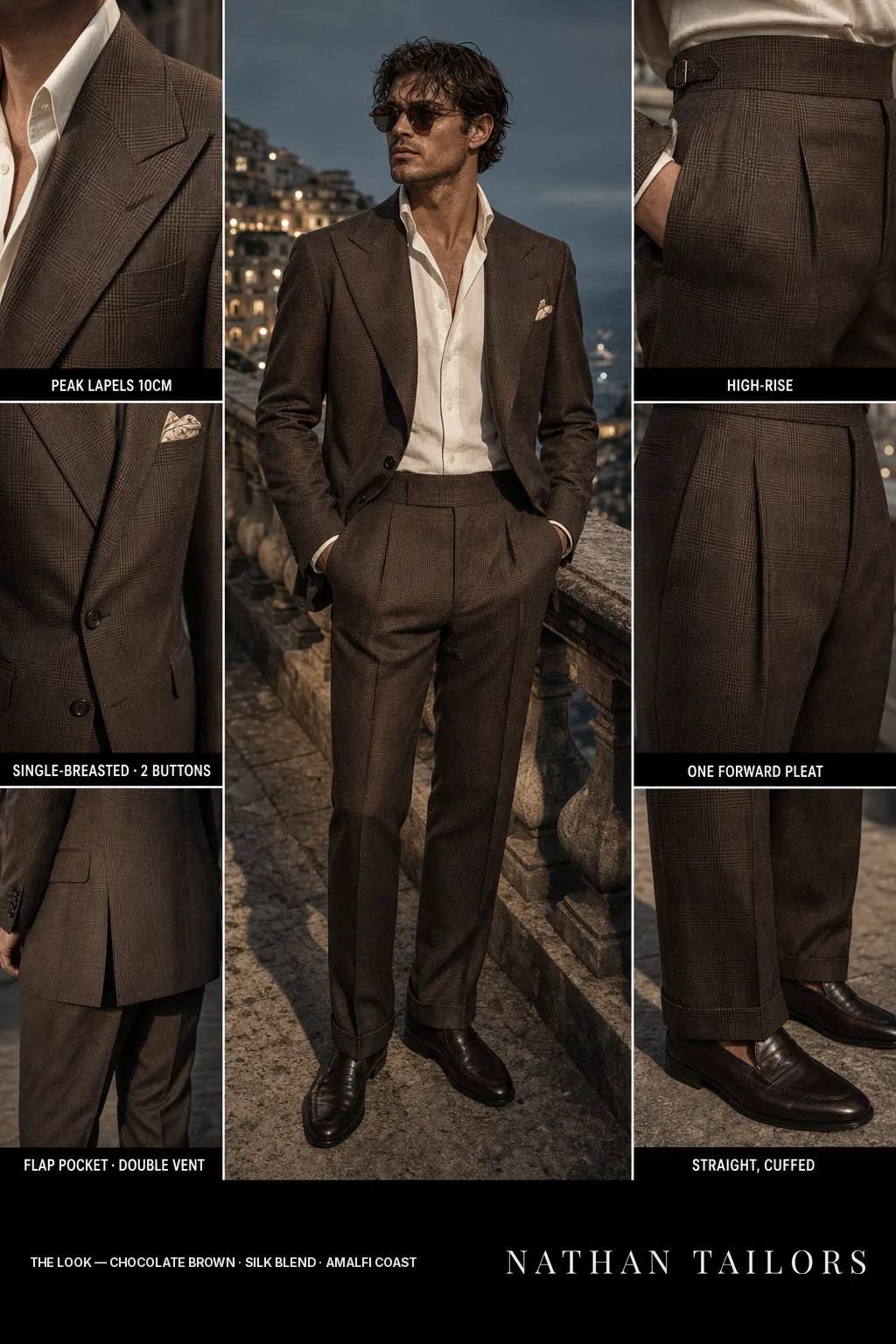 chocolate brown glen plaid single-breasted peak-lapel bespoke suit — AI-rendered by Nathan Tailors, the Hoi An custom tailor. Available as a custom tailored suit from $149.