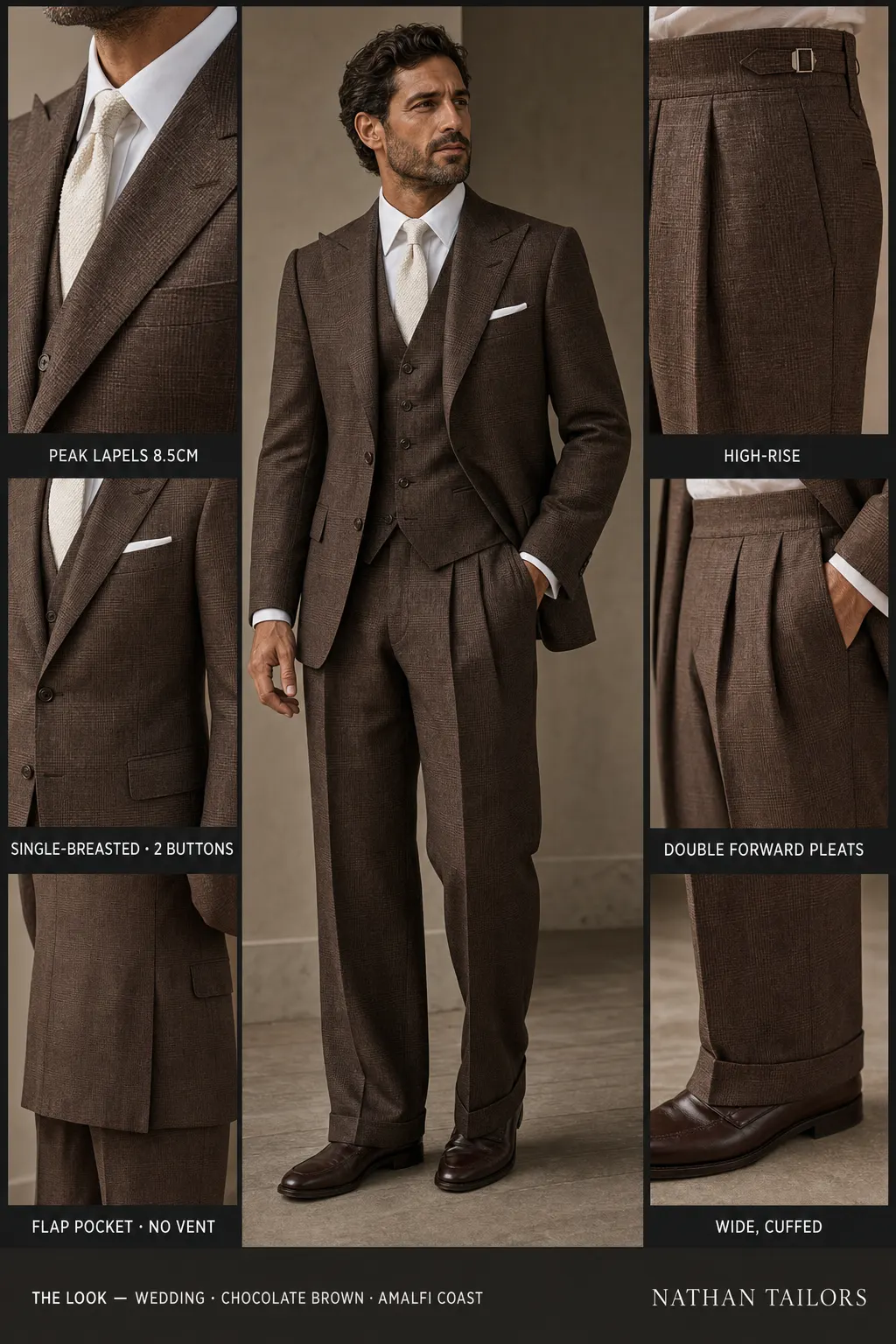 chocolate brown glen plaid single-breasted peak-lapel bespoke suit โ AI-rendered by Nathan Tailors, the Hoi An custom tailor. Available as a custom tailored suit from $149.