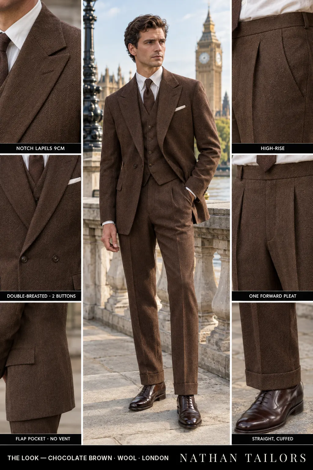 chocolate brown herringbone double-breasted bespoke suit โ custom tailored by Nathan Tailors, the Hoi An custom tailor