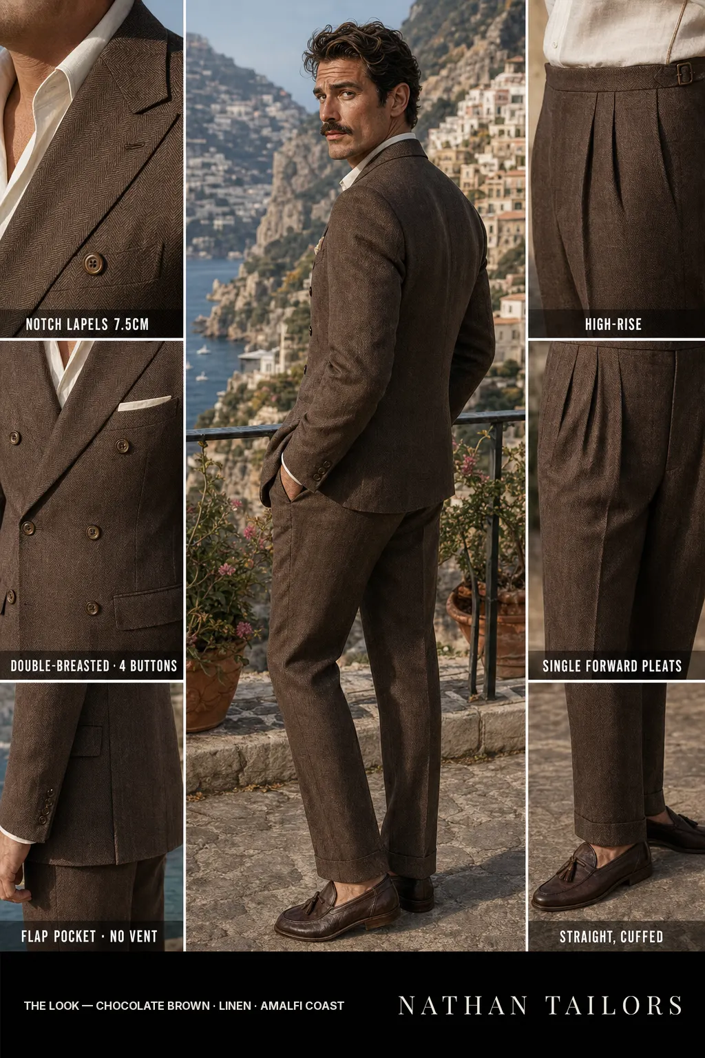 chocolate brown herringbone double-breasted notch-lapel bespoke suit — AI-rendered by Nathan Tailors, the Hoi An custom tailor. Available as a custom tailored suit from $149.