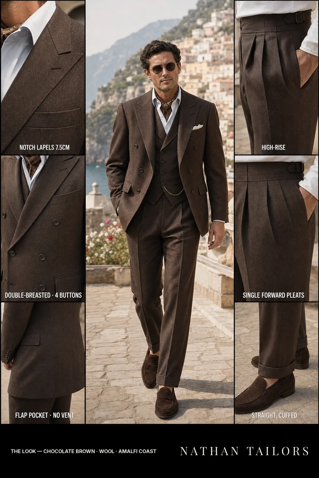 chocolate brown herringbone double-breasted notch-lapel bespoke suit โ AI-rendered by Nathan Tailors, the Hoi An custom tailor. Available as a custom tailored suit from $149.