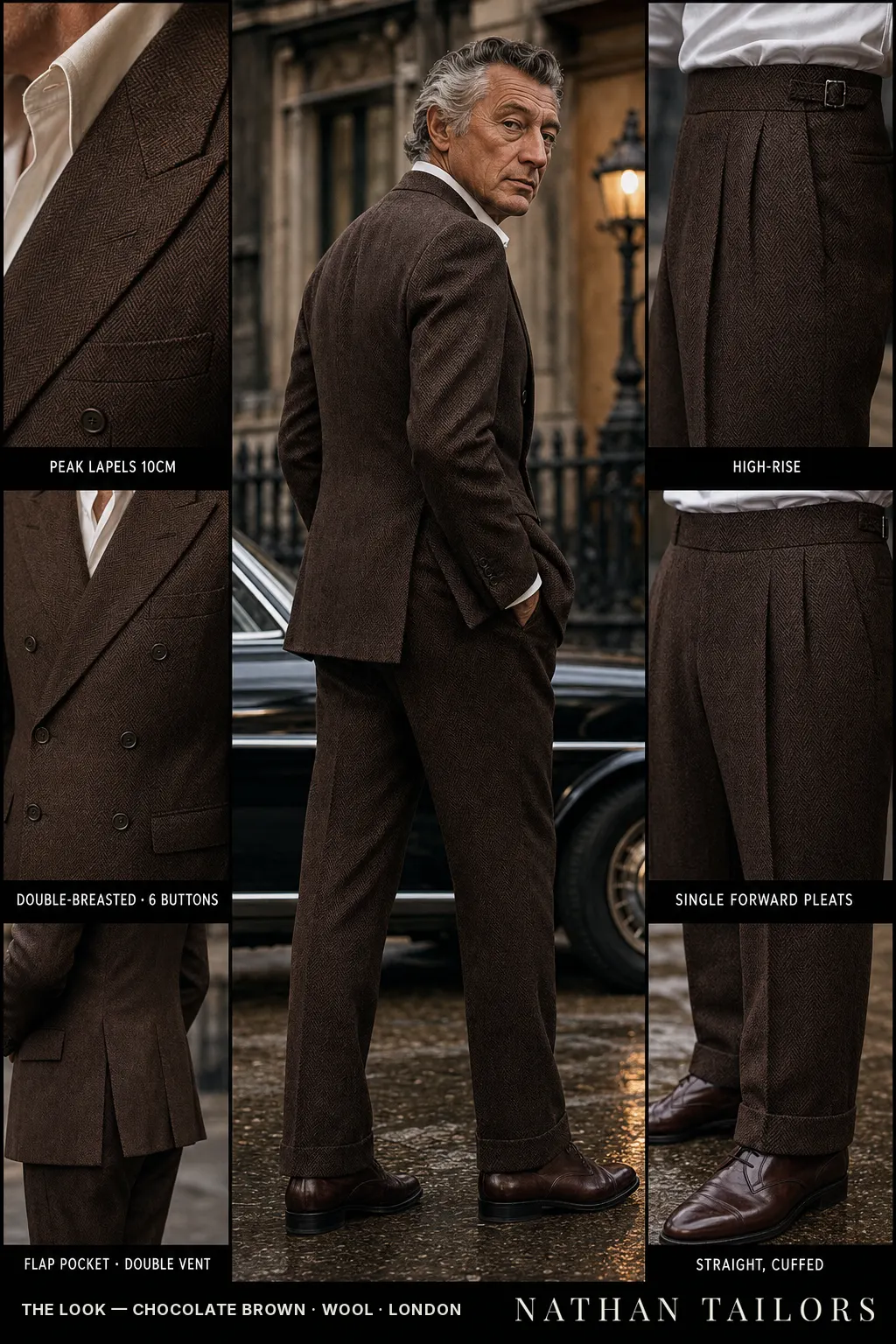 chocolate brown herringbone double-breasted peak-lapel bespoke suit — AI-rendered by Nathan Tailors, the Hoi An custom tailor. Available as a custom tailored suit from $149.