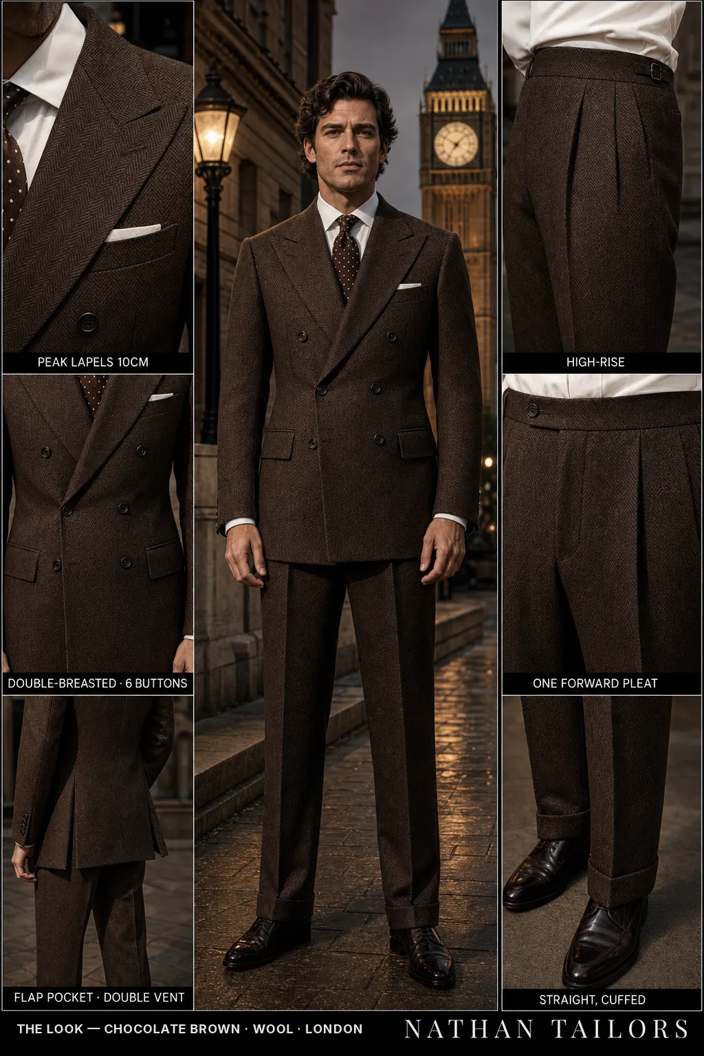 chocolate brown herringbone double-breasted peak-lapel bespoke suit — AI-rendered by Nathan Tailors, the Hoi An custom tailor. Available as a custom tailored suit from $149.