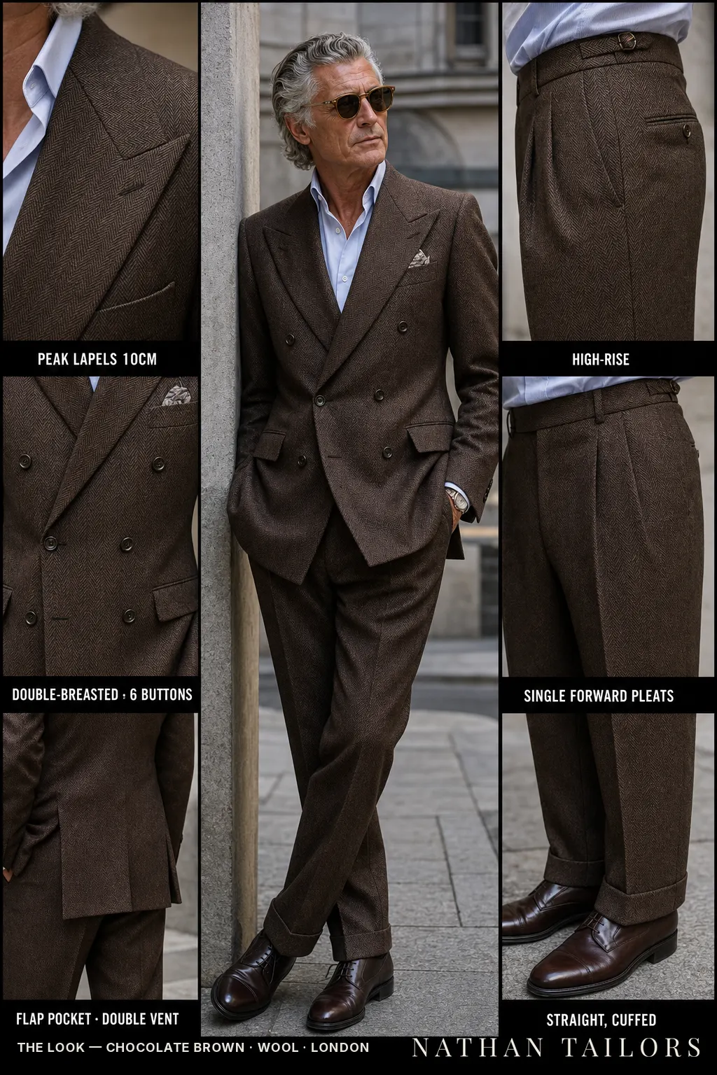 chocolate brown herringbone double-breasted peak-lapel bespoke suit — AI-rendered by Nathan Tailors, the Hoi An custom tailor. Available as a custom tailored suit from $149.