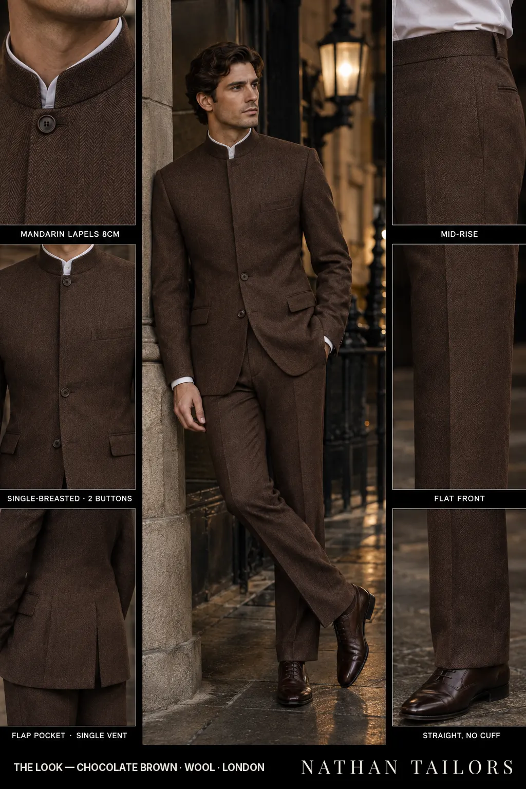 chocolate brown herringbone single-breasted bespoke suit โ custom tailored by Nathan Tailors, the Hoi An custom tailor