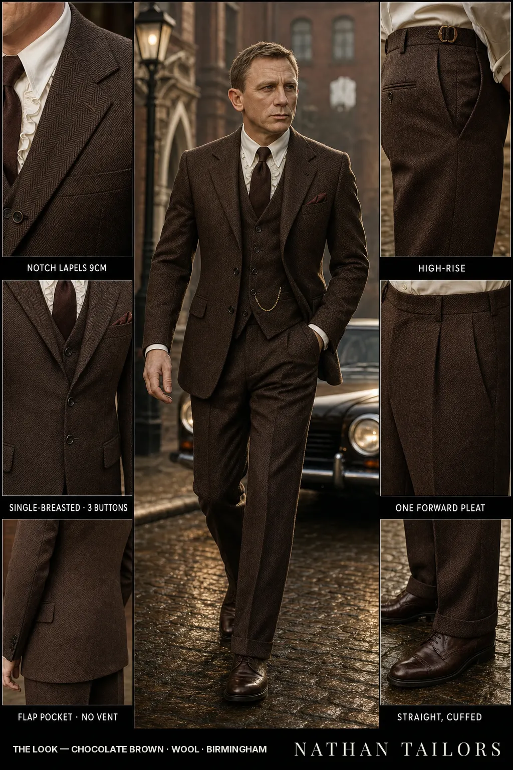 chocolate brown herringbone single-breasted notch-lapel bespoke suit โ AI-rendered by Nathan Tailors, the Hoi An custom tailor. Available as a custom tailored suit from $149.