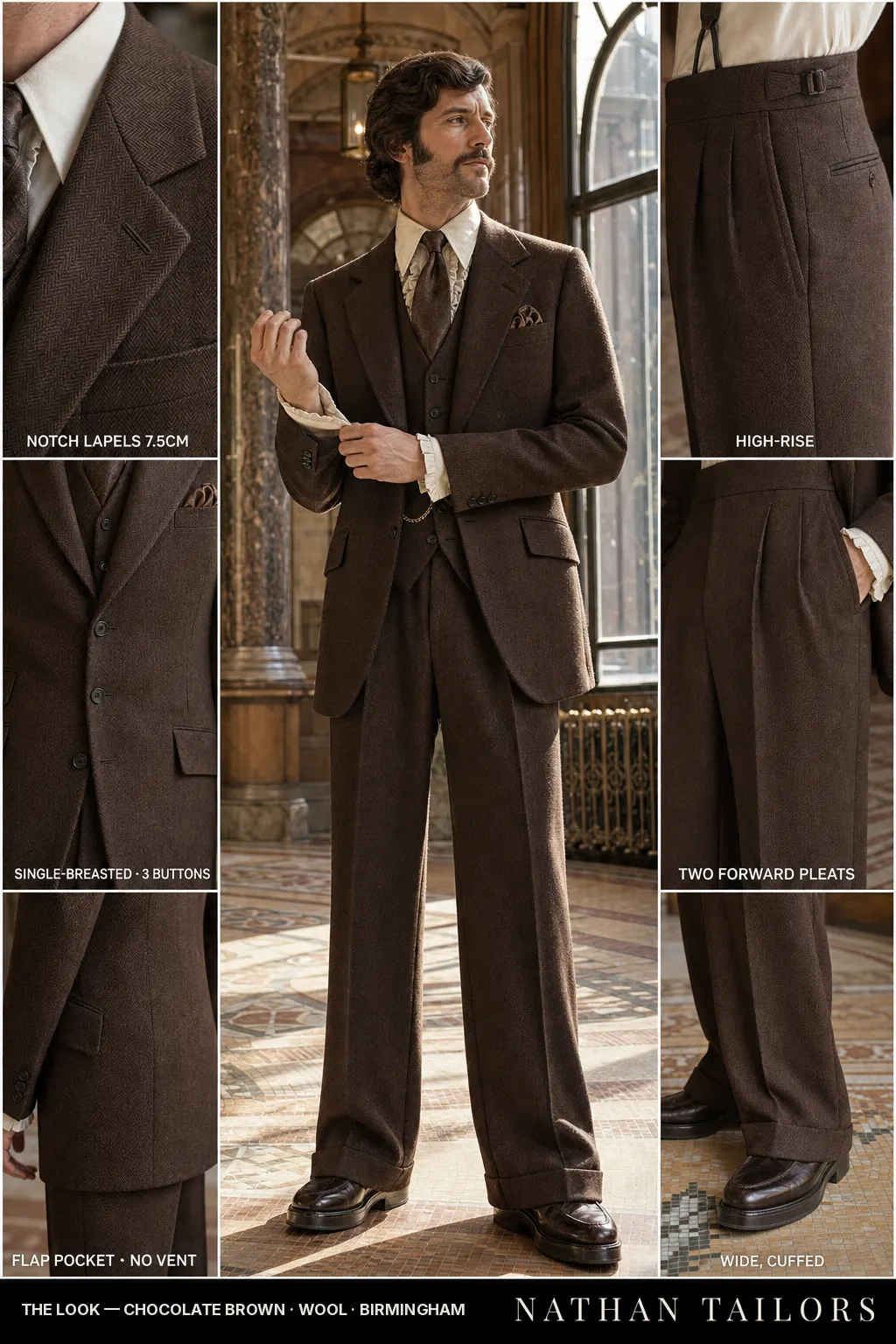 chocolate brown herringbone single-breasted notch-lapel bespoke suit — AI-rendered by Nathan Tailors, the Hoi An custom tailor. Available as a custom tailored suit from $149.