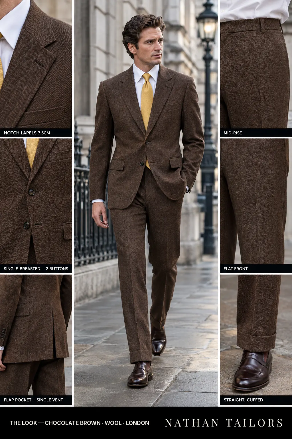 chocolate brown herringbone single-breasted notch-lapel bespoke suit โ AI-rendered by Nathan Tailors, the Hoi An custom tailor. Available as a custom tailored suit from $149.