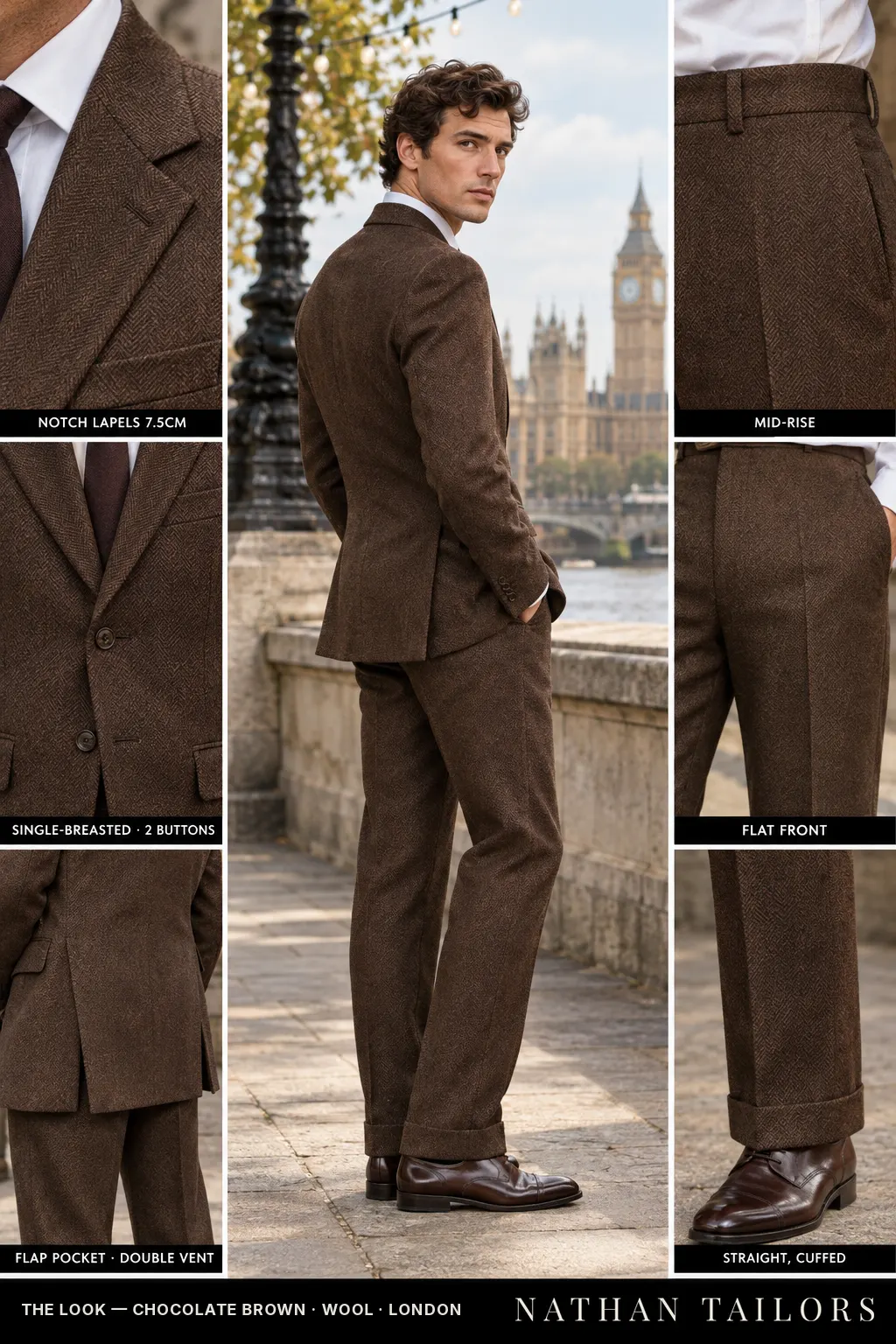 chocolate brown herringbone single-breasted bespoke suit โ custom tailored by Nathan Tailors, the Hoi An custom tailor