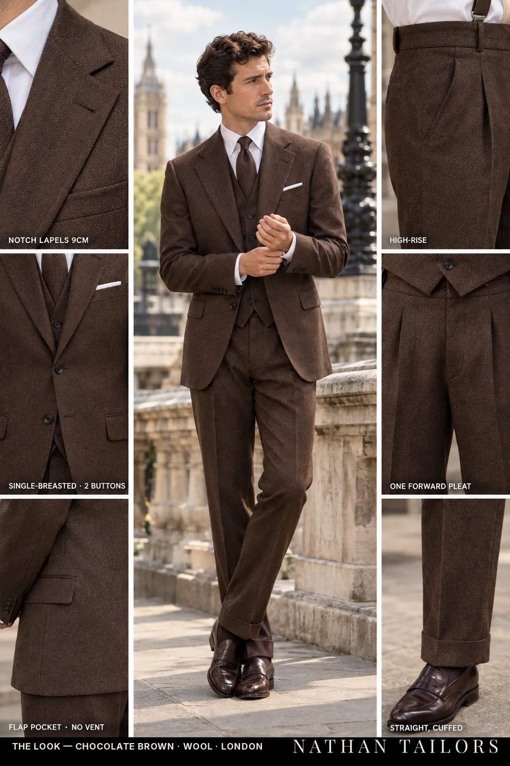 chocolate brown herringbone single-breasted bespoke suit โ custom tailored by Nathan Tailors, the Hoi An custom tailor
