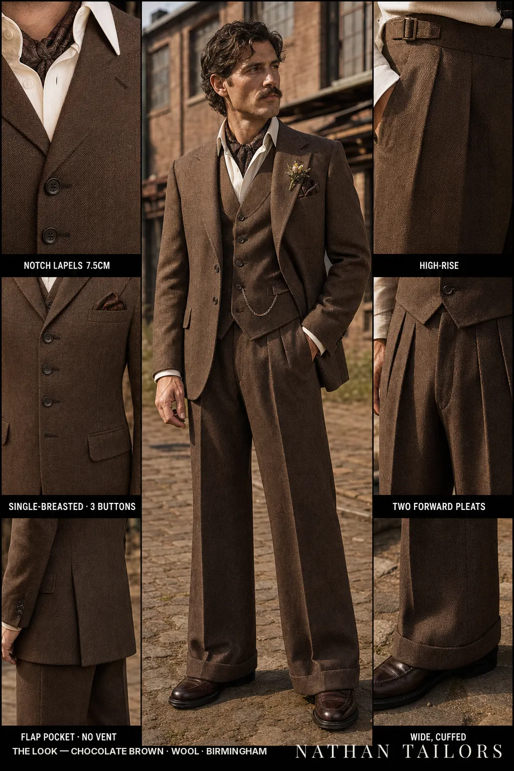 chocolate brown herringbone single-breasted notch-lapel bespoke suit — AI-rendered by Nathan Tailors, the Hoi An custom tailor. Available as a custom tailored suit from $149.