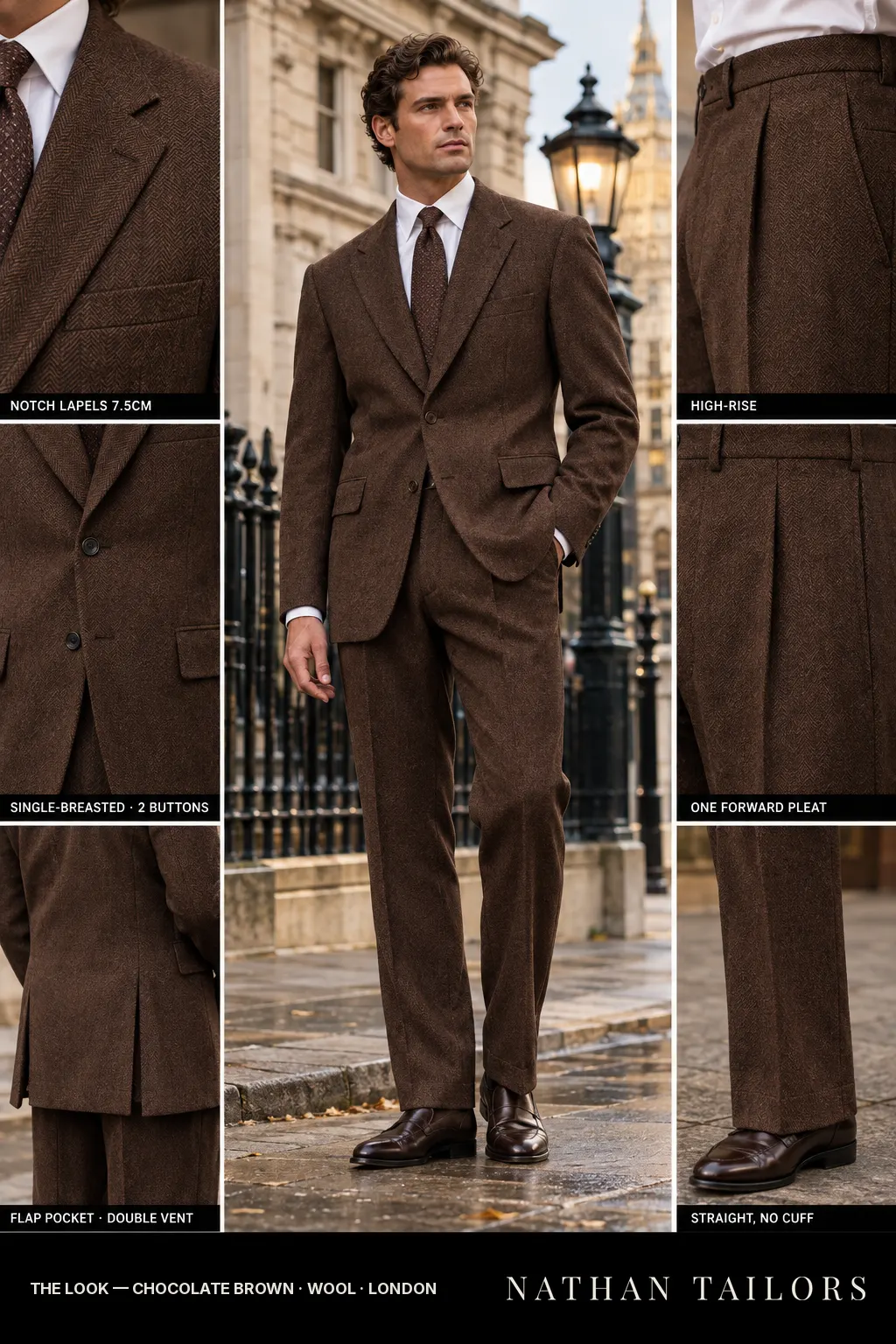 chocolate brown herringbone single-breasted notch-lapel bespoke suit โ AI-rendered by Nathan Tailors, the Hoi An custom tailor. Available as a custom tailored suit from $149.