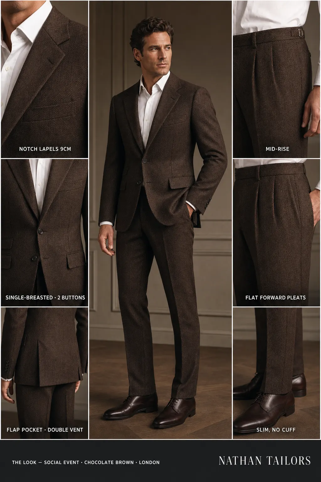 chocolate brown herringbone single-breasted notch-lapel bespoke suit โ AI-rendered by Nathan Tailors, the Hoi An custom tailor. Available as a custom tailored suit from $149.