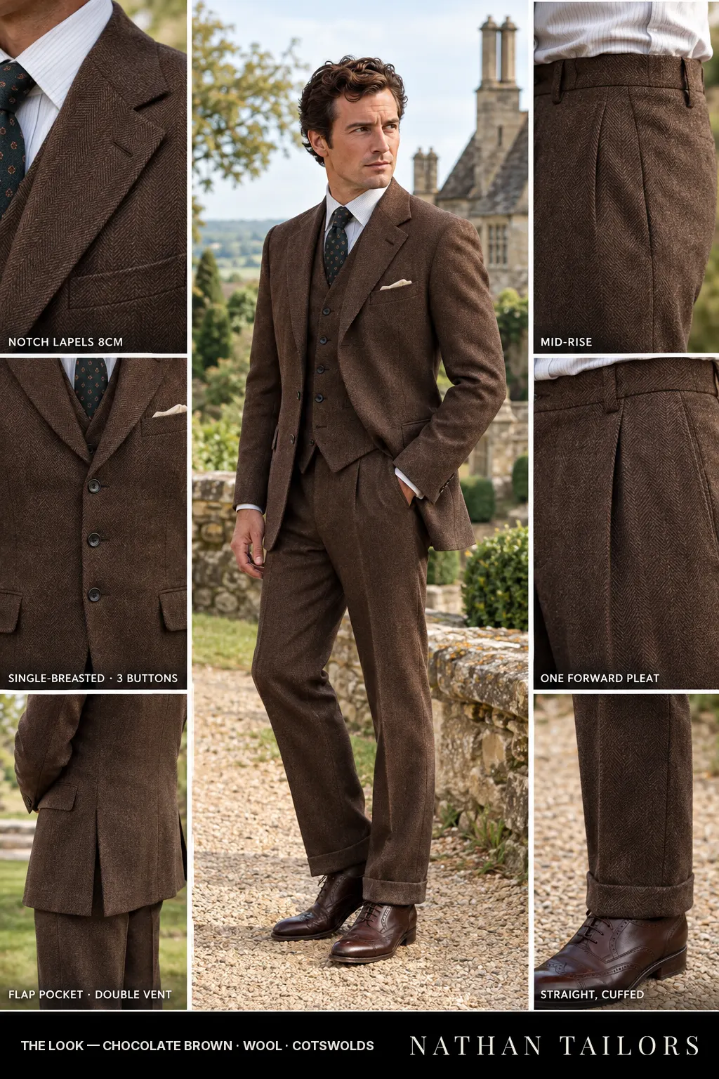 chocolate brown herringbone single-breasted bespoke suit — custom tailored by Nathan Tailors, the Hoi An custom tailor