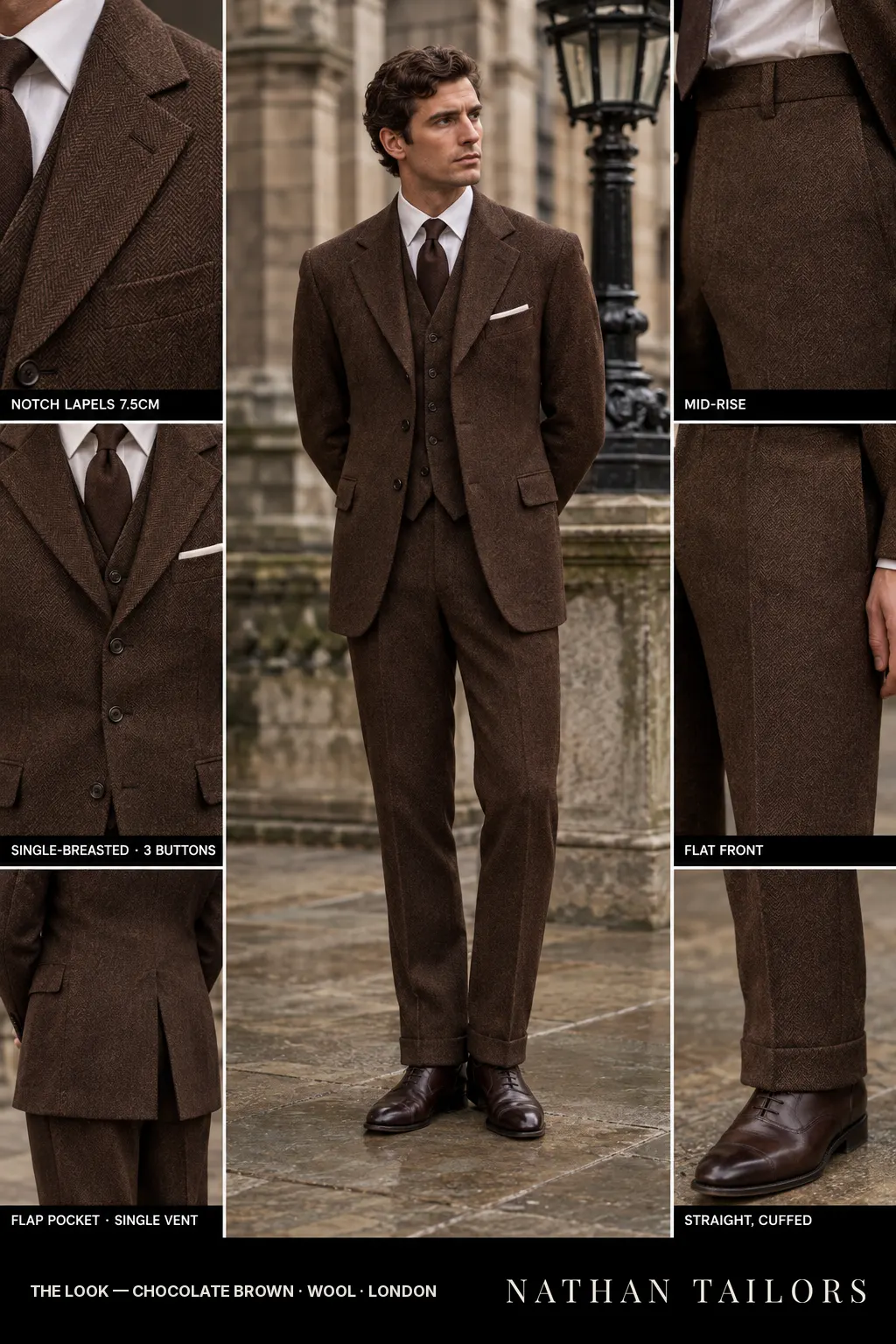 chocolate brown herringbone single-breasted notch-lapel bespoke suit โ AI-rendered by Nathan Tailors, the Hoi An custom tailor. Available as a custom tailored suit from $149.