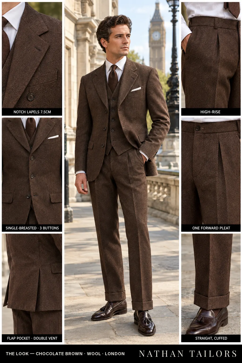 chocolate brown herringbone single-breasted bespoke suit — custom tailored by Nathan Tailors, the Hoi An custom tailor