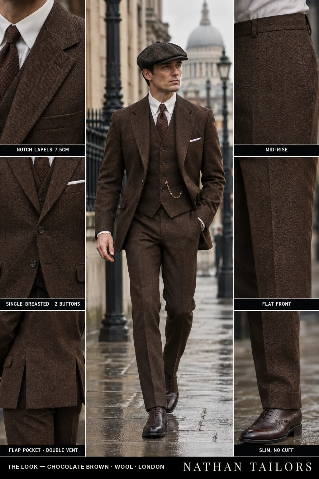 chocolate brown herringbone single-breasted bespoke suit โ custom tailored by Nathan Tailors, the Hoi An custom tailor