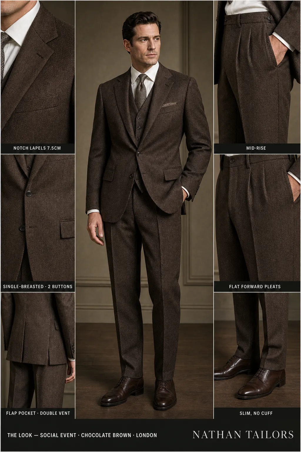 chocolate brown herringbone single-breasted notch-lapel bespoke suit โ AI-rendered by Nathan Tailors, the Hoi An custom tailor. Available as a custom tailored suit from $149.