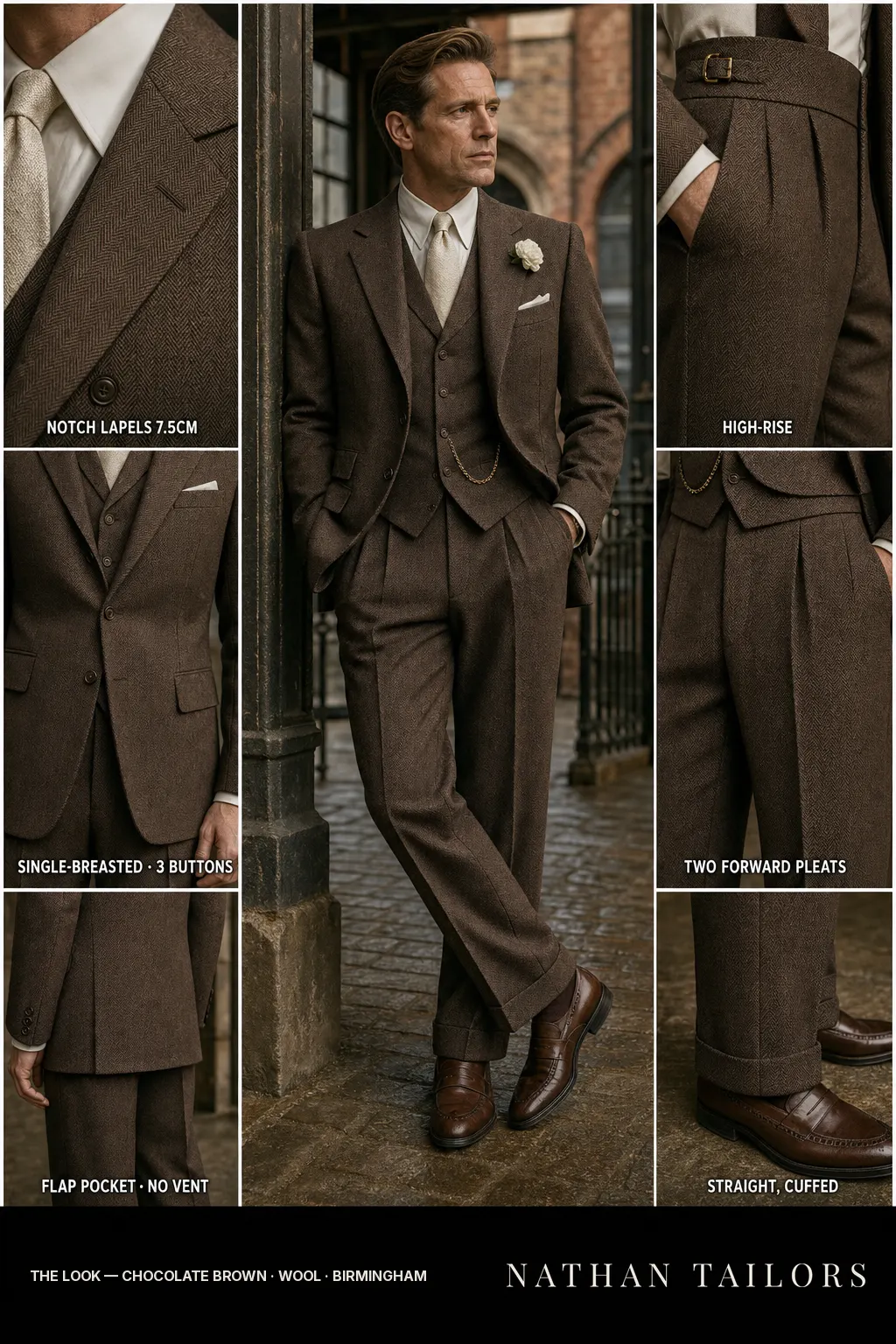chocolate brown herringbone single-breasted notch-lapel bespoke suit โ AI-rendered by Nathan Tailors, the Hoi An custom tailor. Available as a custom tailored suit from $149.