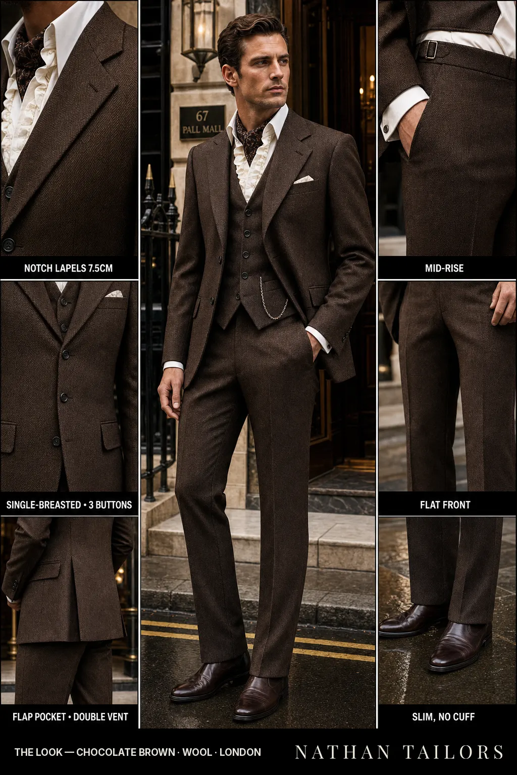 chocolate brown herringbone single-breasted notch-lapel bespoke suit — AI-rendered by Nathan Tailors, the Hoi An custom tailor. Available as a custom tailored suit from $149.