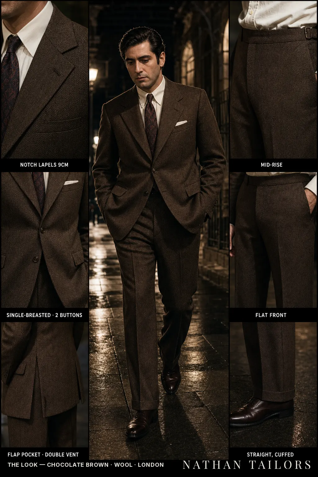 chocolate brown herringbone single-breasted notch-lapel bespoke suit — AI-rendered by Nathan Tailors, the Hoi An custom tailor. Available as a custom tailored suit from $149.