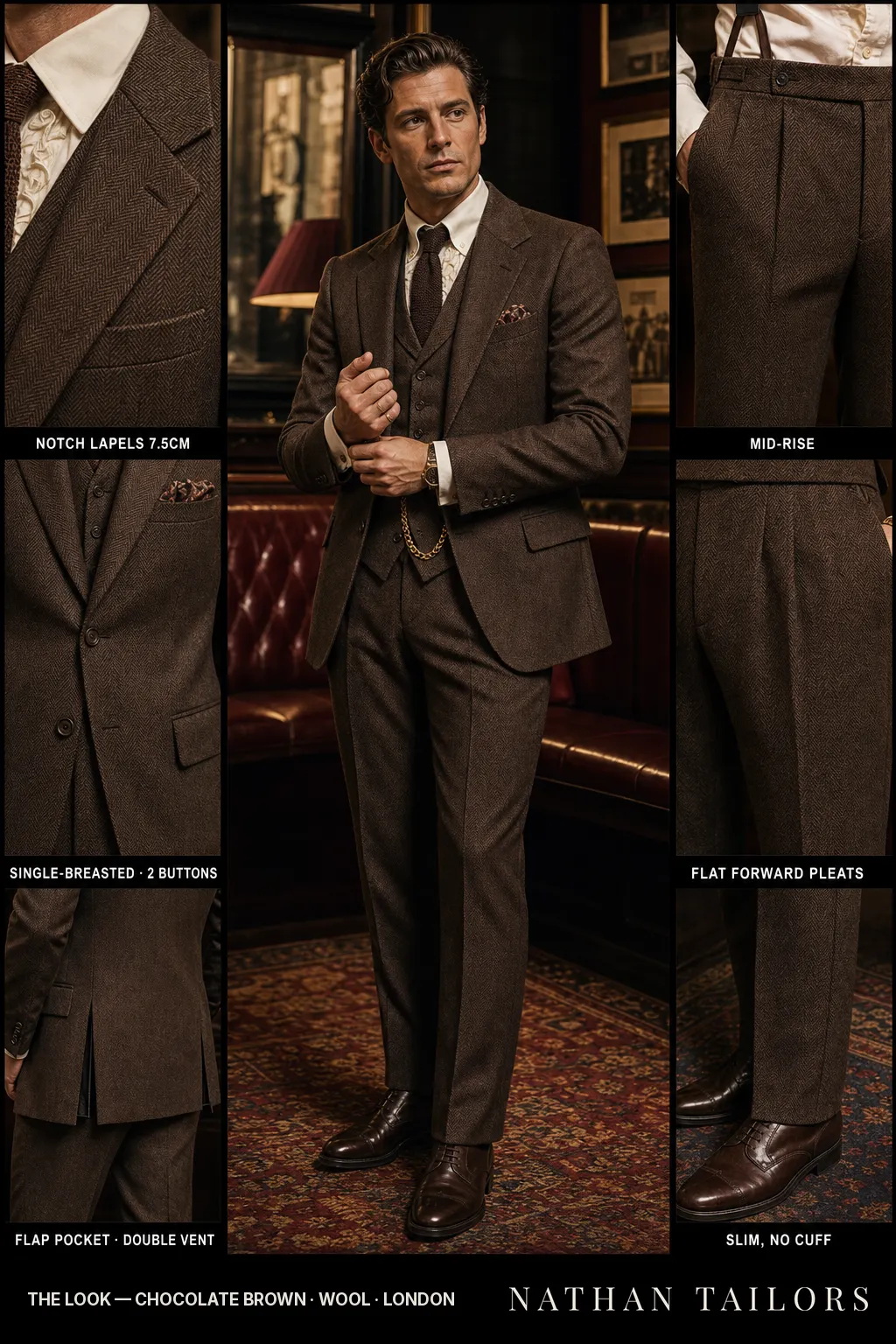 chocolate brown herringbone single-breasted notch-lapel bespoke suit — AI-rendered by Nathan Tailors, the Hoi An custom tailor. Available as a custom tailored suit from $149.