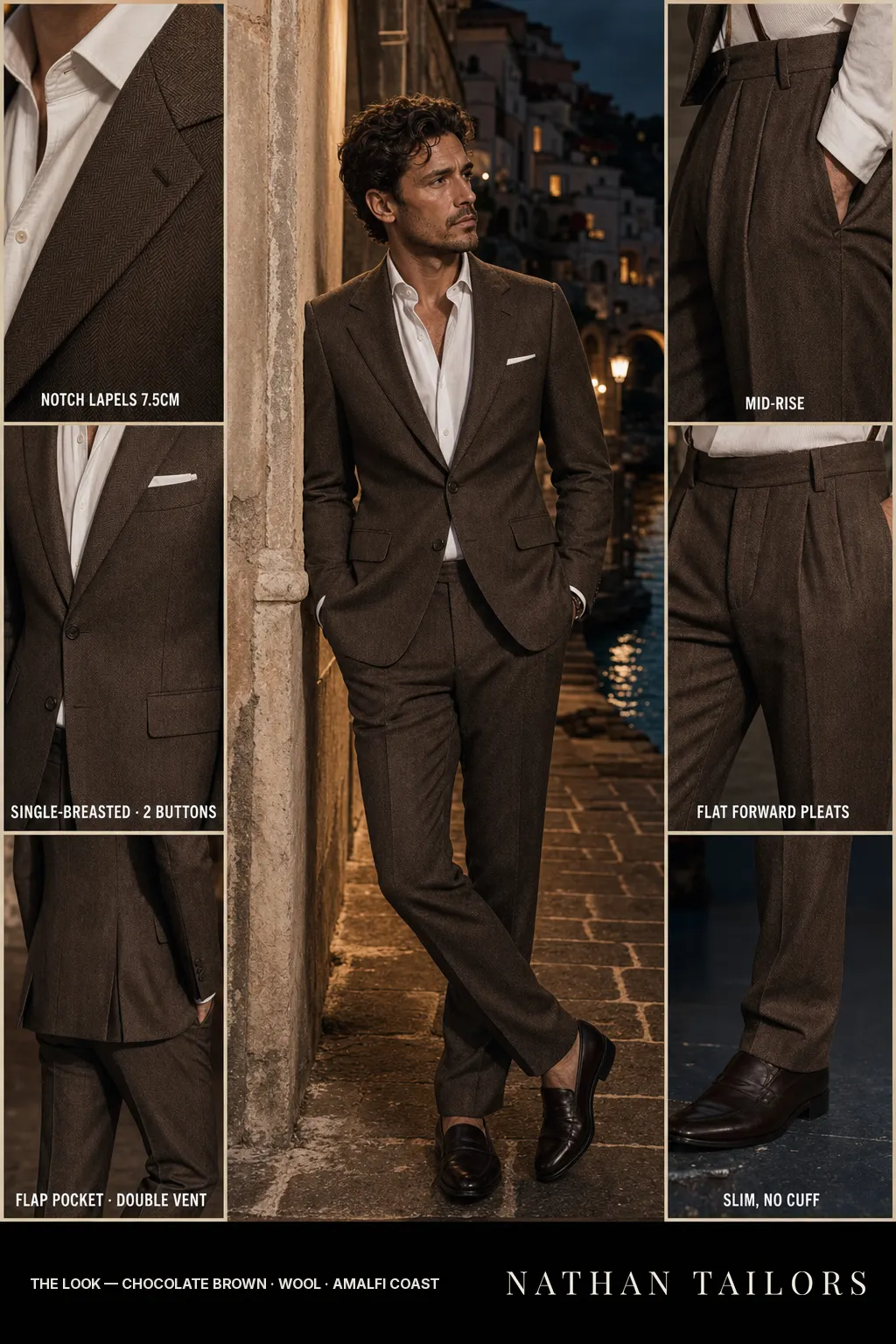 chocolate brown herringbone single-breasted notch-lapel bespoke suit — AI-rendered by Nathan Tailors, the Hoi An custom tailor. Available as a custom tailored suit from $149.