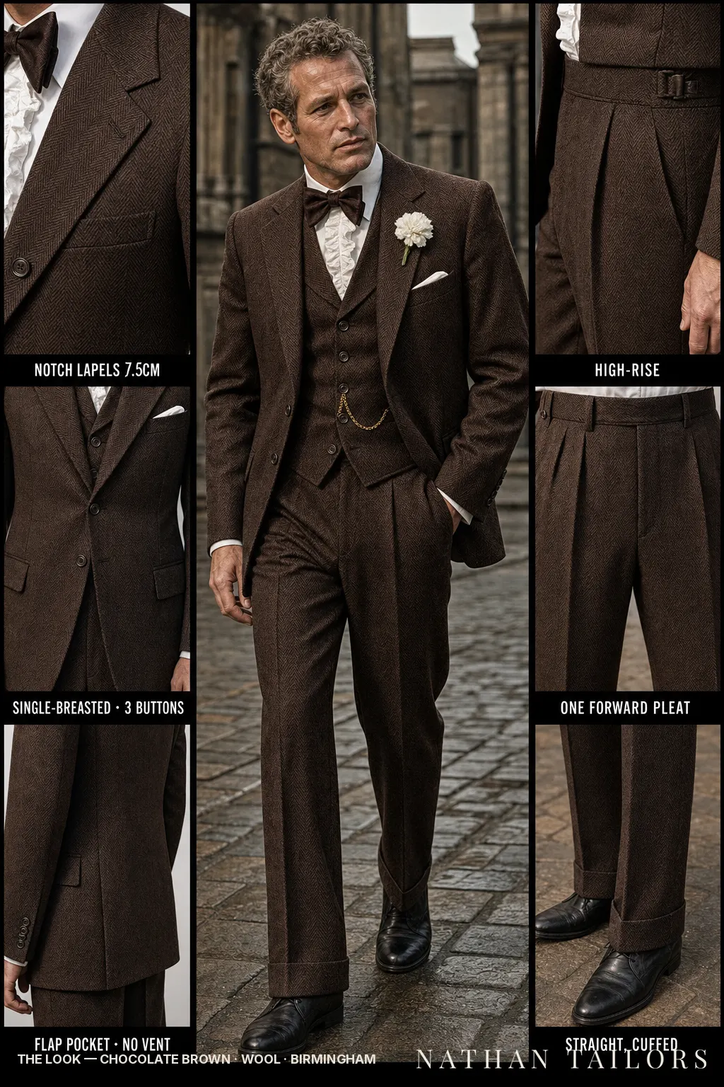 chocolate brown herringbone single-breasted notch-lapel bespoke suit โ AI-rendered by Nathan Tailors, the Hoi An custom tailor. Available as a custom tailored suit from $149.