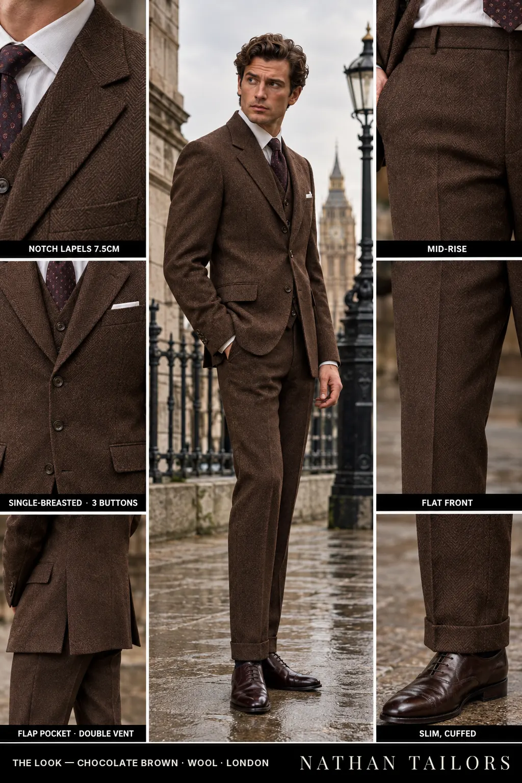 chocolate brown herringbone single-breasted bespoke suit — custom tailored by Nathan Tailors, the Hoi An custom tailor