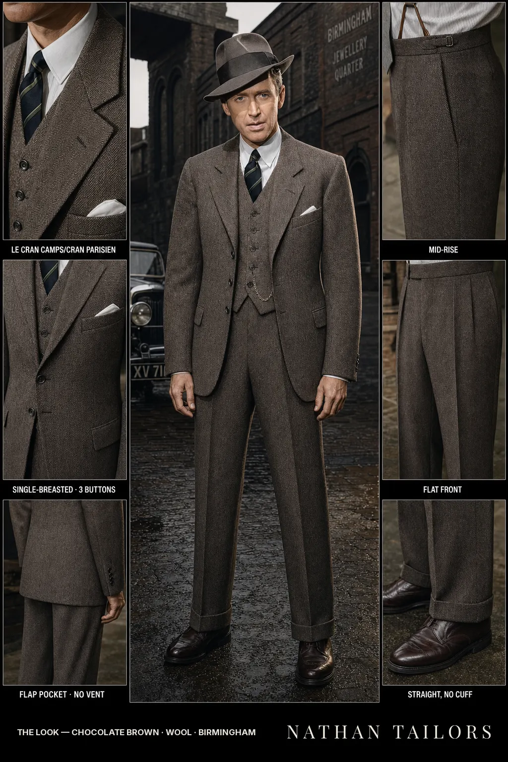 chocolate brown herringbone single-breasted notch-lapel bespoke suit — AI-rendered by Nathan Tailors, the Hoi An custom tailor. Available as a custom tailored suit from $149.