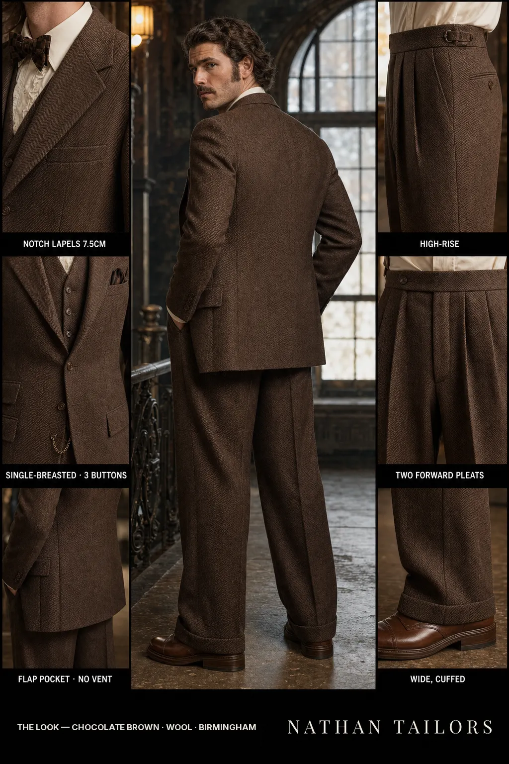 chocolate brown herringbone single-breasted notch-lapel bespoke suit — AI-rendered by Nathan Tailors, the Hoi An custom tailor. Available as a custom tailored suit from $149.