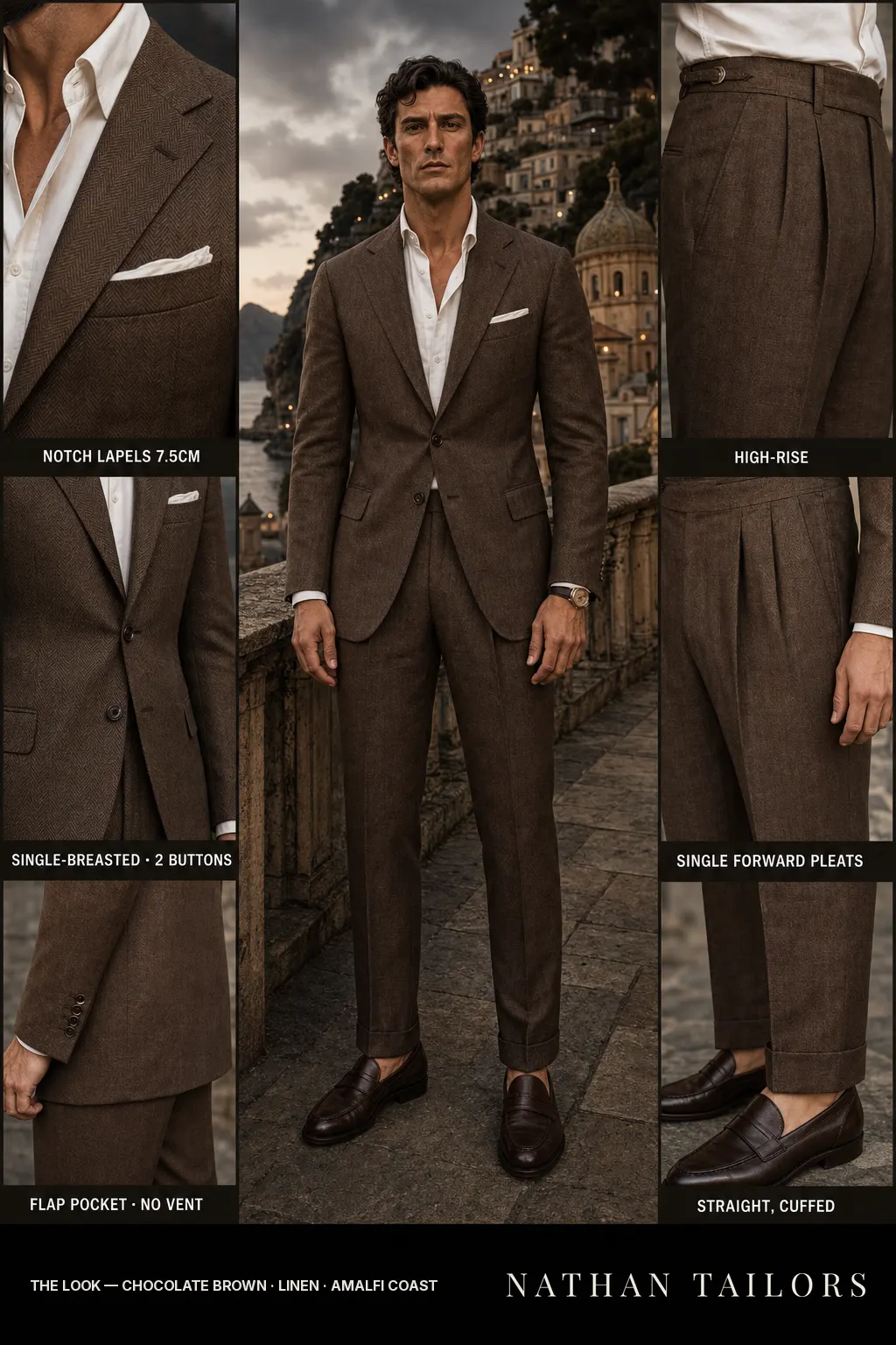 chocolate brown herringbone single-breasted notch-lapel bespoke suit — AI-rendered by Nathan Tailors, the Hoi An custom tailor. Available as a custom tailored suit from $149.