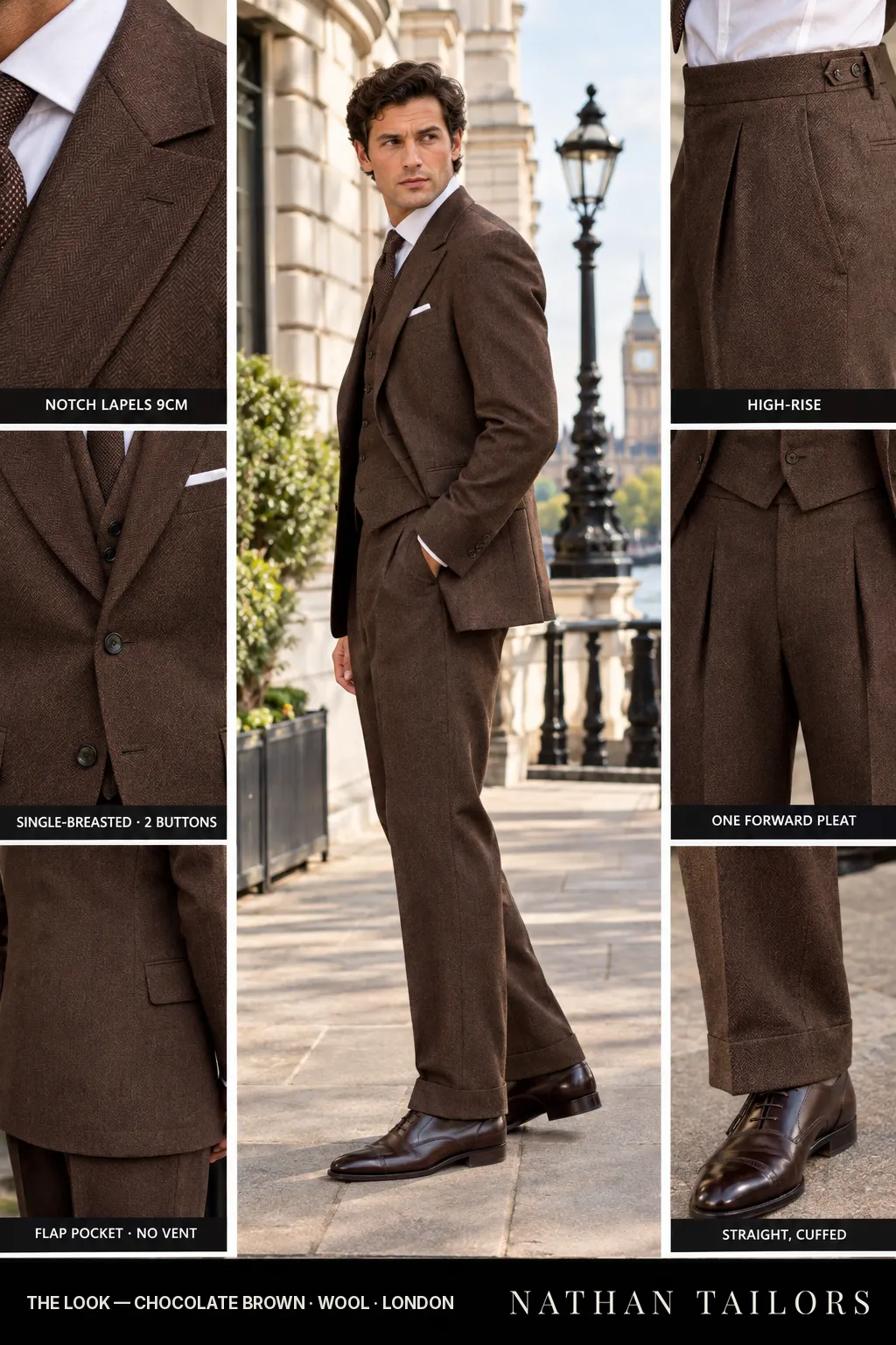 chocolate brown herringbone single-breasted bespoke suit โ custom tailored by Nathan Tailors, the Hoi An custom tailor