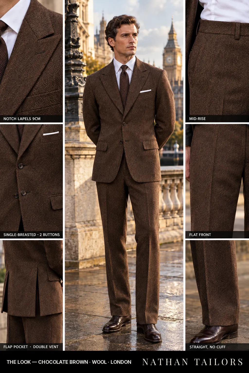 chocolate brown herringbone single-breasted bespoke suit โ custom tailored by Nathan Tailors, the Hoi An custom tailor
