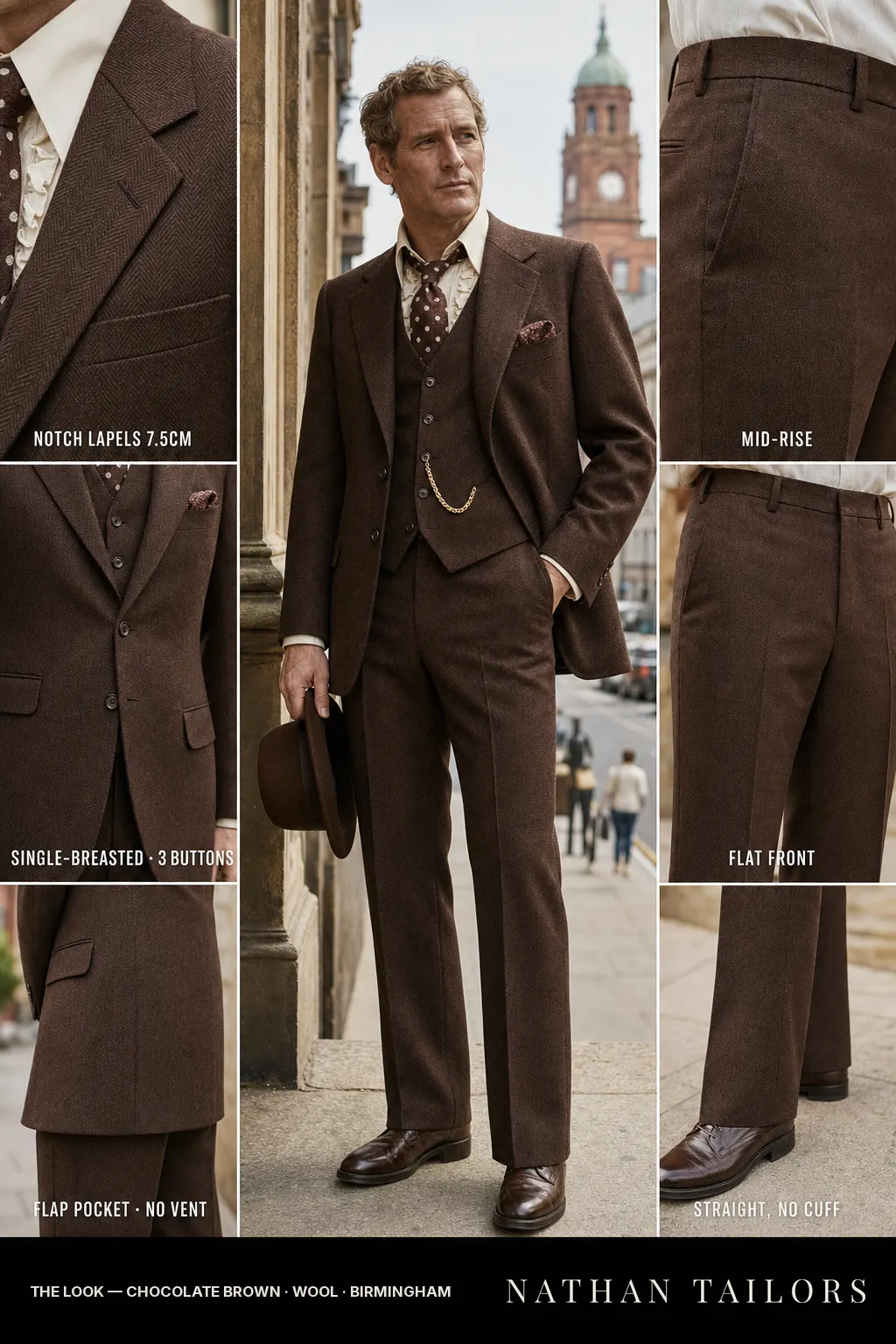 chocolate brown herringbone single-breasted notch-lapel bespoke suit — AI-rendered by Nathan Tailors, the Hoi An custom tailor. Available as a custom tailored suit from $149.