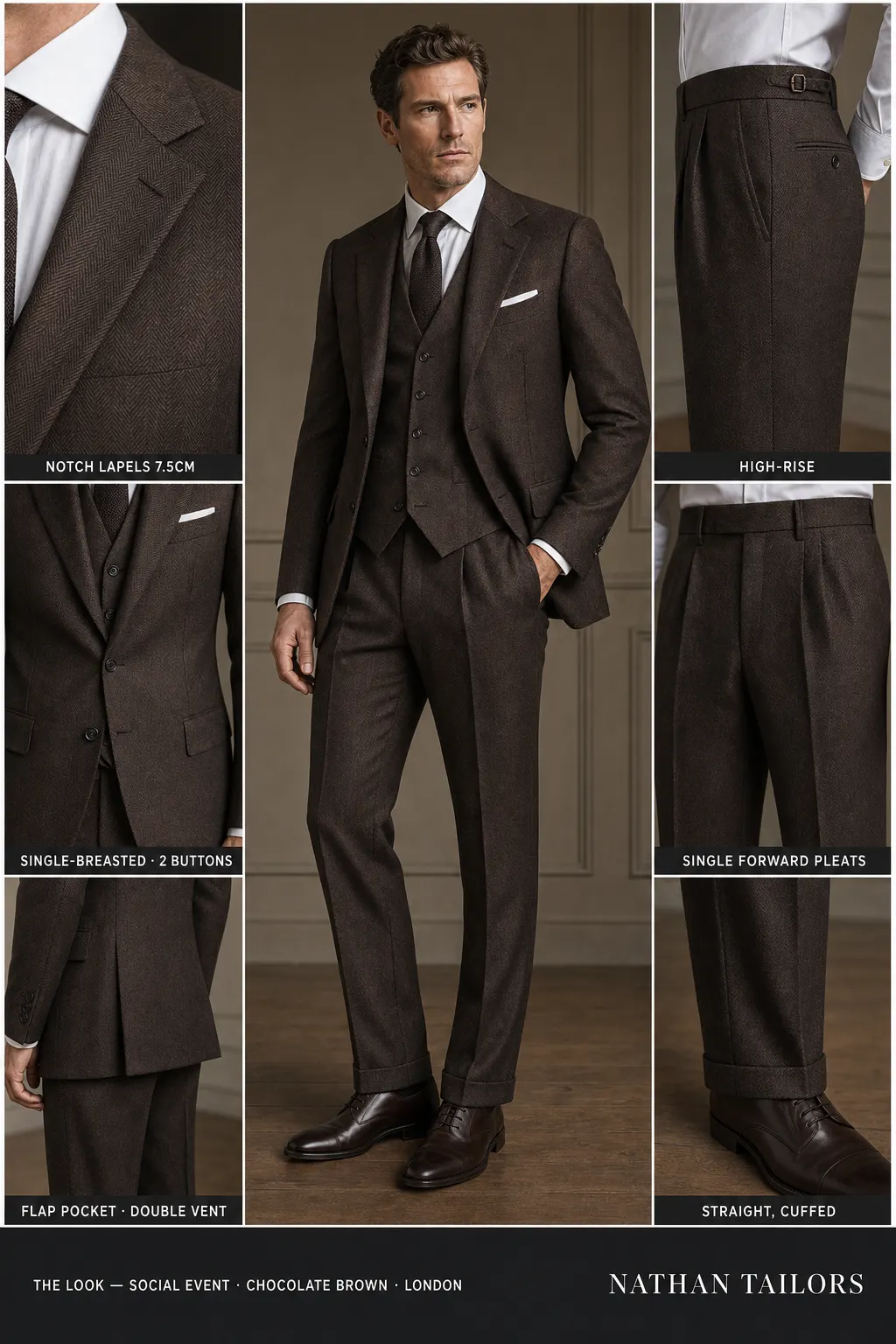 chocolate brown herringbone single-breasted notch-lapel bespoke suit โ AI-rendered by Nathan Tailors, the Hoi An custom tailor. Available as a custom tailored suit from $149.