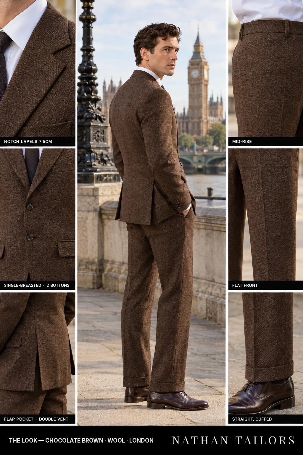 chocolate brown herringbone single-breasted notch-lapel bespoke suit — AI-rendered by Nathan Tailors, the Hoi An custom tailor. Available as a custom tailored suit from $149.