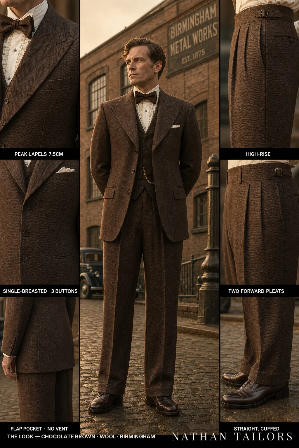 chocolate brown herringbone single-breasted peak-lapel bespoke suit โ AI-rendered by Nathan Tailors, the Hoi An custom tailor. Available as a custom tailored suit from $149.