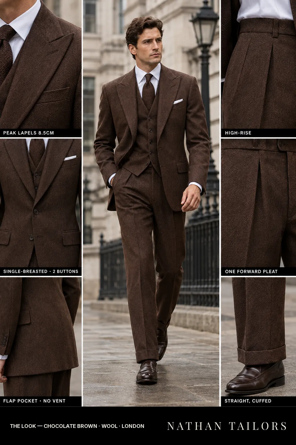 chocolate brown herringbone single-breasted bespoke suit โ custom tailored by Nathan Tailors, the Hoi An custom tailor
