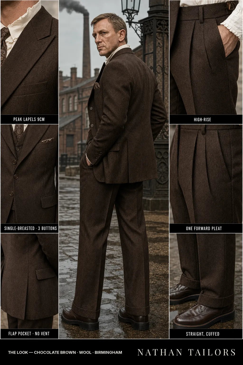 chocolate brown herringbone single-breasted peak-lapel bespoke suit — AI-rendered by Nathan Tailors, the Hoi An custom tailor. Available as a custom tailored suit from $149.