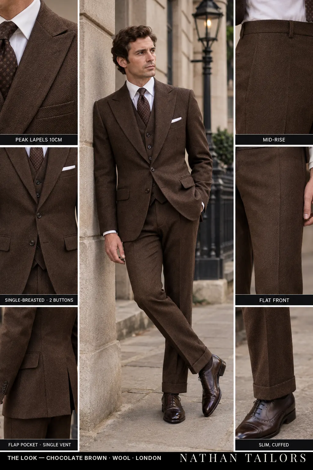 chocolate brown herringbone single-breasted bespoke suit โ custom tailored by Nathan Tailors, the Hoi An custom tailor